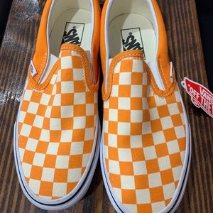 vans slip on orange checkerboard